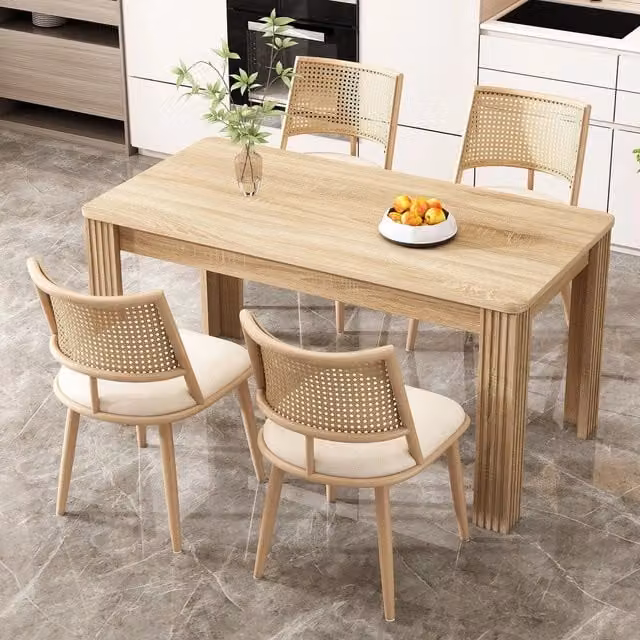 Set 4 Sedie da Pranzo ¨C Minimal ¨C Beige, Seduta Similpelle, Schienale Rattan per Sala Soggiorno