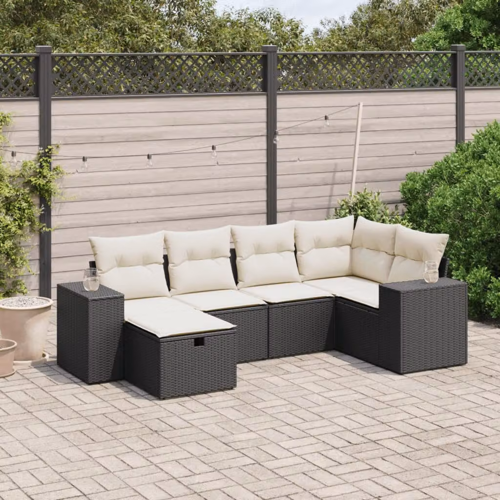 Set Divano da Giardino vidaXL 6 pz a Forma a L con Cuscini, Polyrattan e Struttura in Acciaio, Nero e Bianco – 1