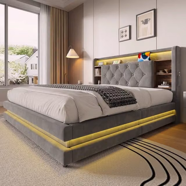 Letto imbottito 140x200 cm con testiera multifunzione; LED e USB in velluto