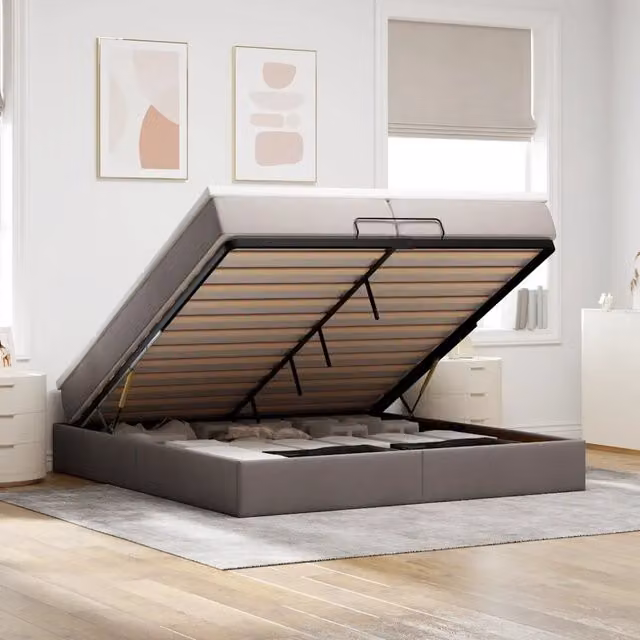 Letto con contenitore a sollevamento vidaXL in tessuto moderno, colori beige, bianco o grigio, L 200 x P 200 x H 280 cm – 1
