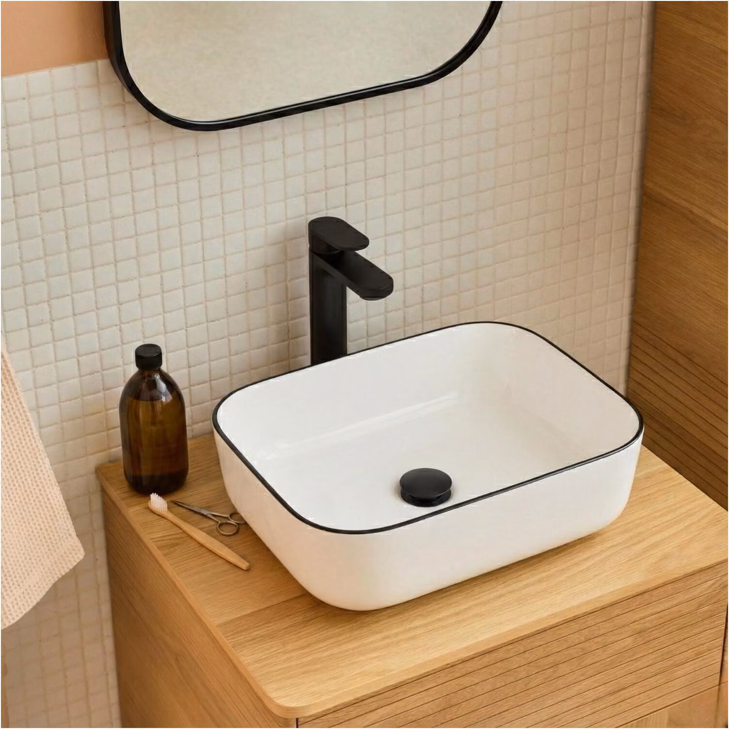 Lavabo da appoggio rettangolare in Vetroceramica con bordo, 48x37cm ALIX