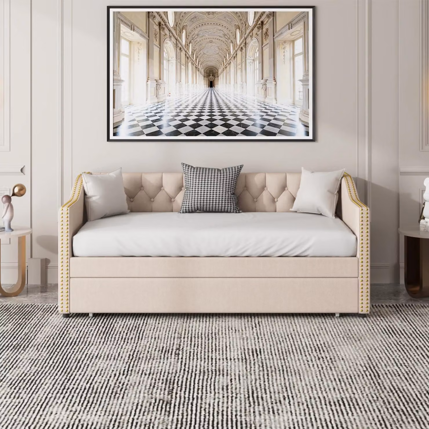 Divano letto - Letto estraibile 90/180 x 200 cm - Rivestimento in velluto - Beige - Struttura a listelli - Spazio contenitore - Schienale