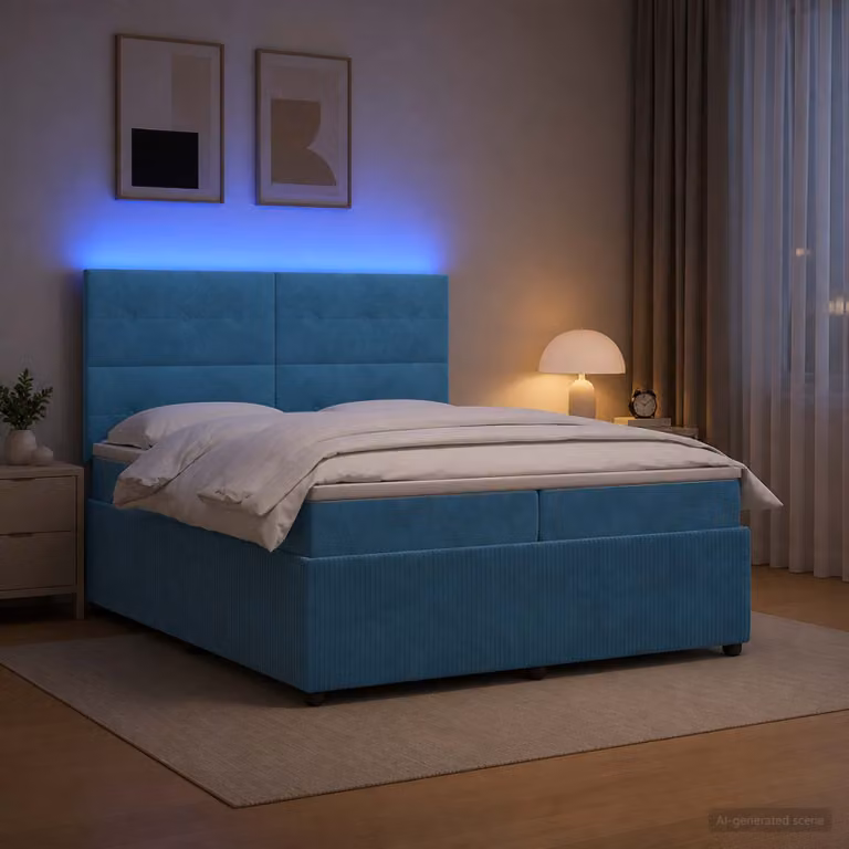 Letto Box Spring vidaXL in Velluto Blu con Materasso Ibrido e Illuminazione LED, L/P: 200 x 200 cm