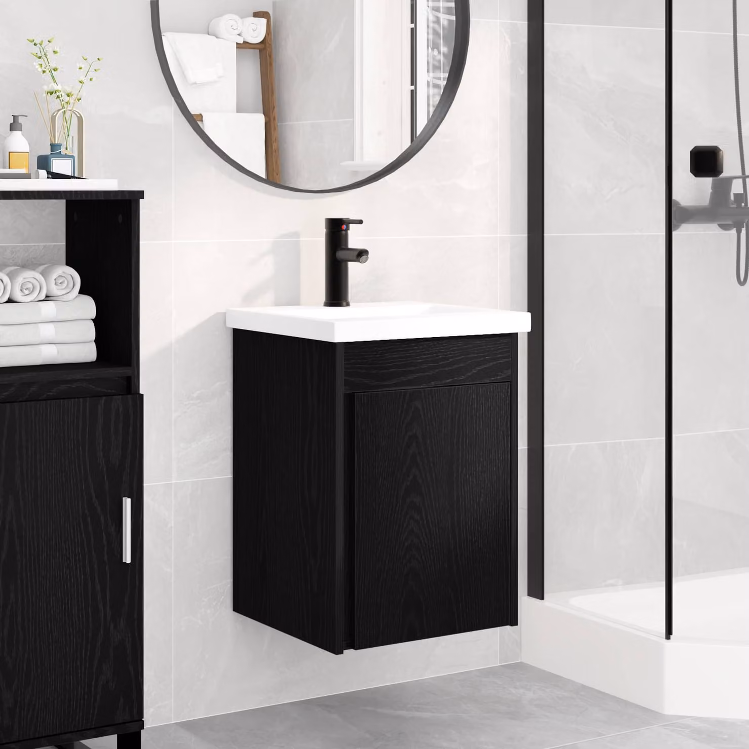 Mobile bagno con rubinetto vidaXL in Rovere e Nero, L 42 cm x P 40 cm x H 74,5 cm