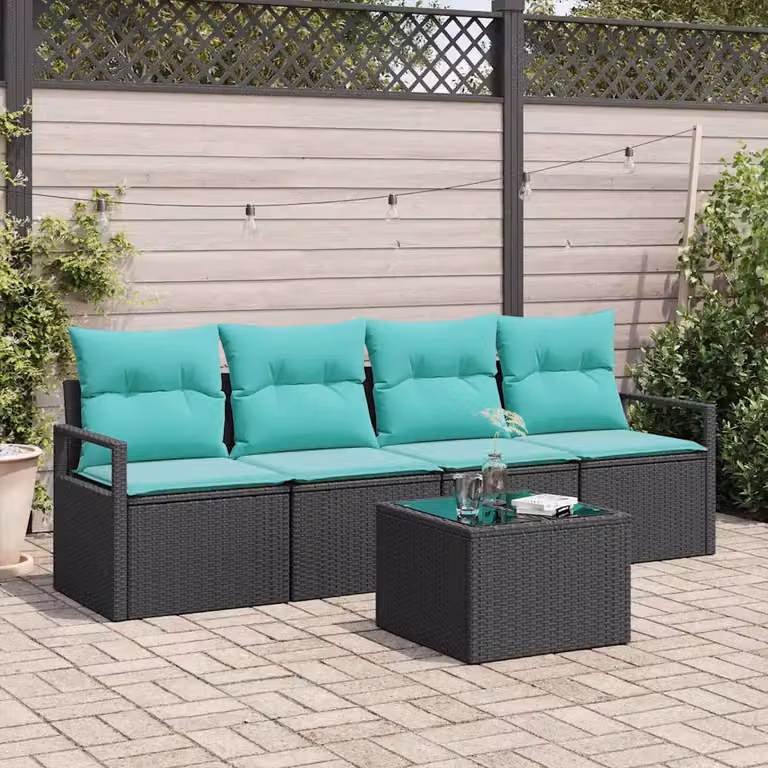 Set di mobili da giardino vidaXL composto da 5 pezzi in polyrattan con struttura in metallo e cuscini, colori nero e turchese