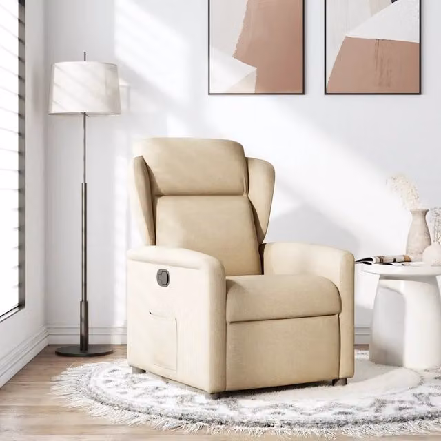 Poltrona Relax Reclinabile in Tessuto Beige con Braccioli e Struttura in Legno e Metallo