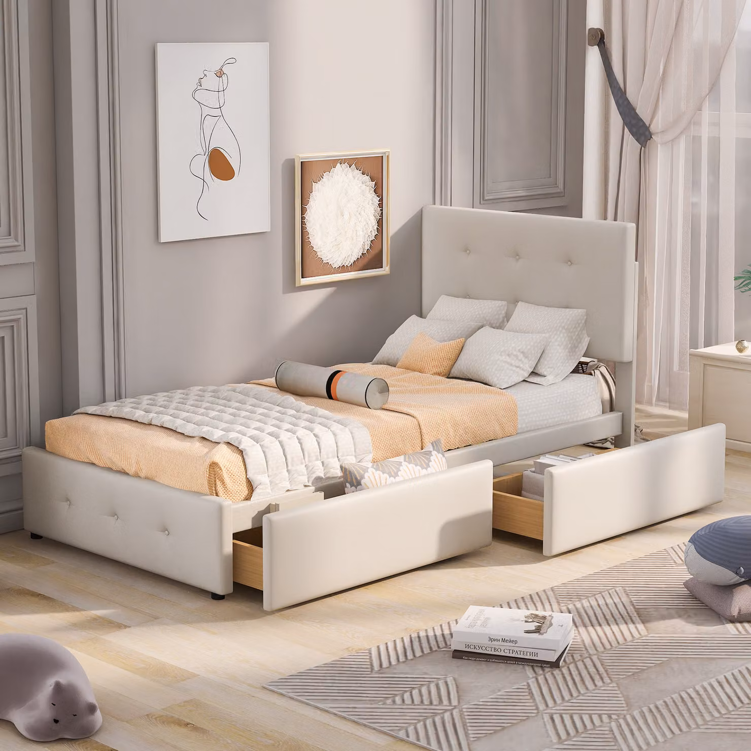 Letto imbottito Merax 90x200cm con testata regolabile in altezza, letto in legno singolo con due cassetti e rete a doghe, letto per ragazzi in velluto, letto per bambini, beige