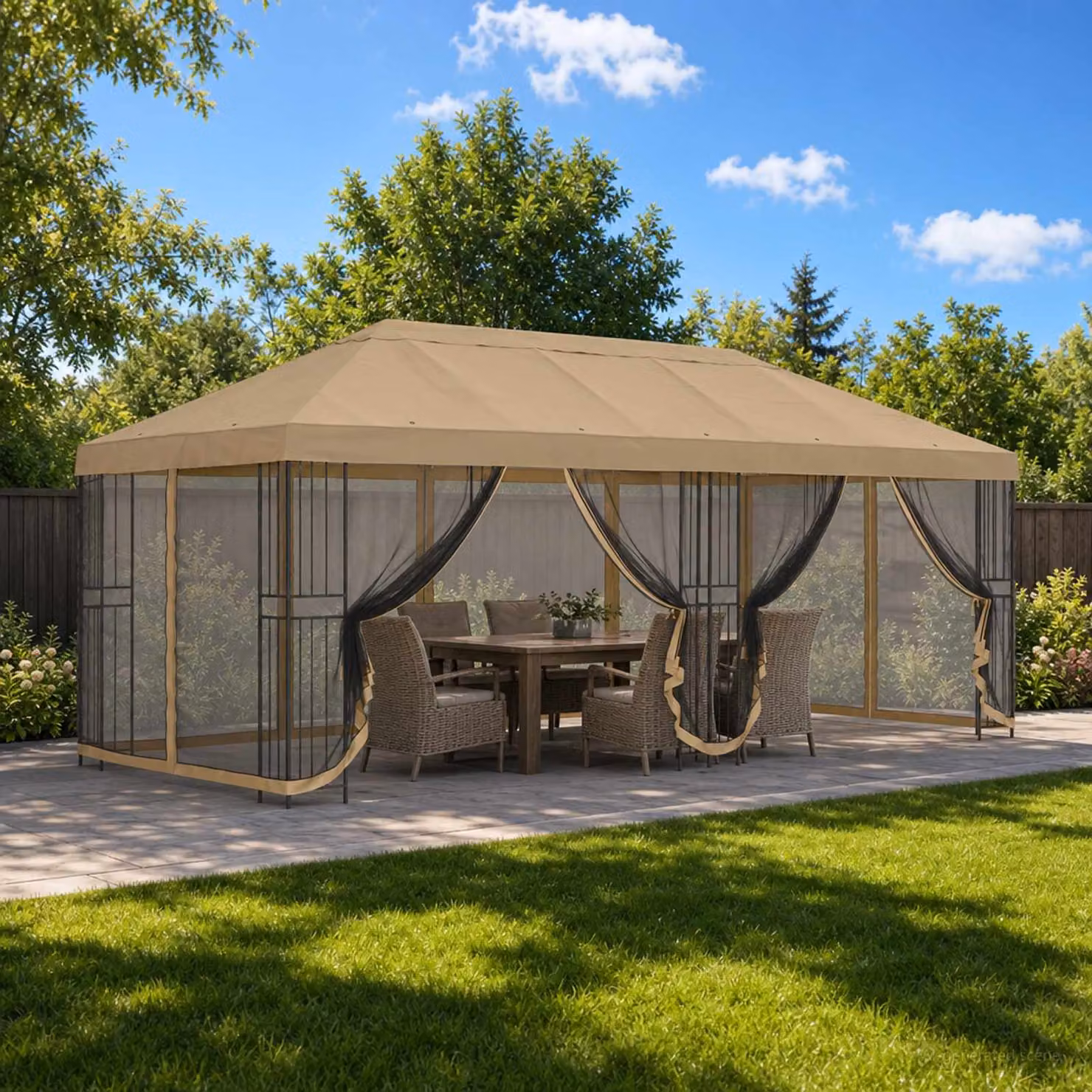 Gazebo vidaXL con pareti laterali in poliestere e acciaio beige L: 600 cm, P: 300,5 cm, H: 276,5 cm
