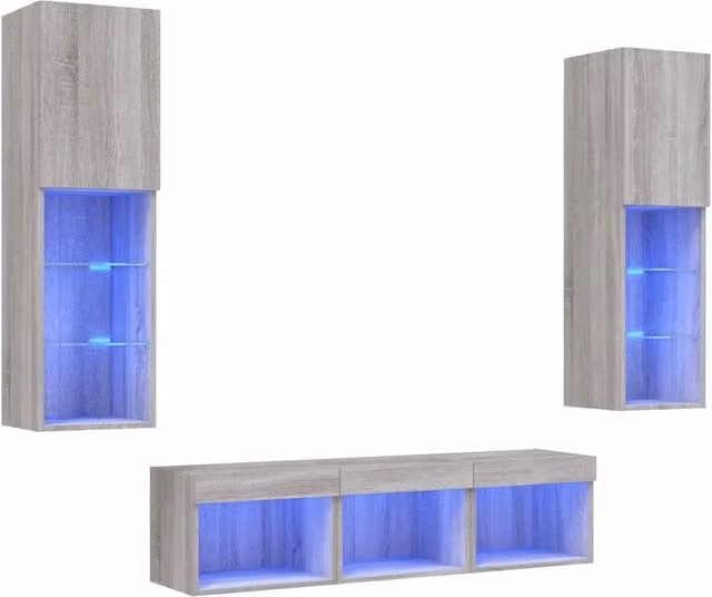 Mobili TV a Muro con LED 5pz | Armadietto TV | Mobile Porta TV Grigio Sonoma in Legno Multistrato