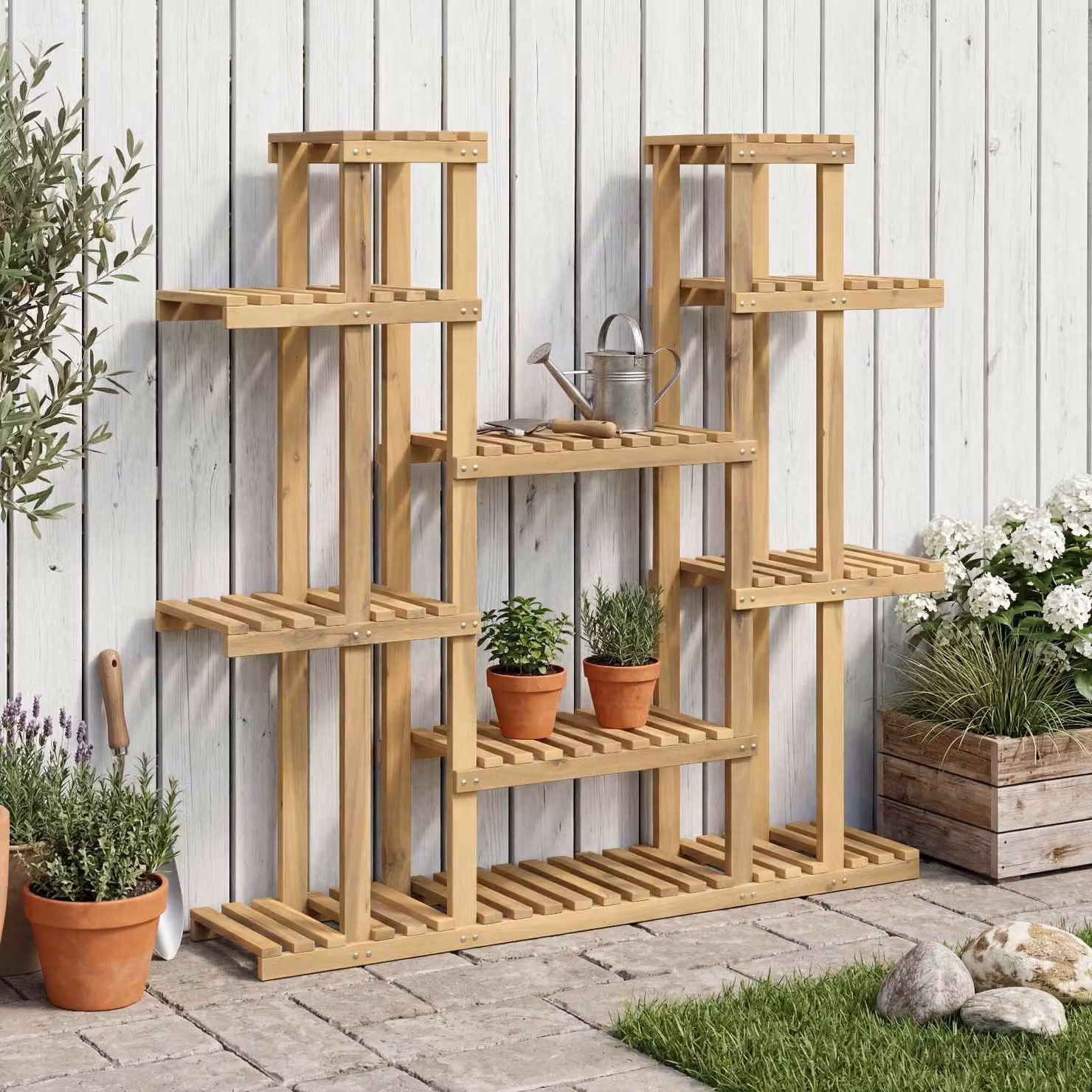 Supporto per piante moderno vidaXL in legno di acacia bianco L 123 cm x P 25 cm x H 114,5 cm