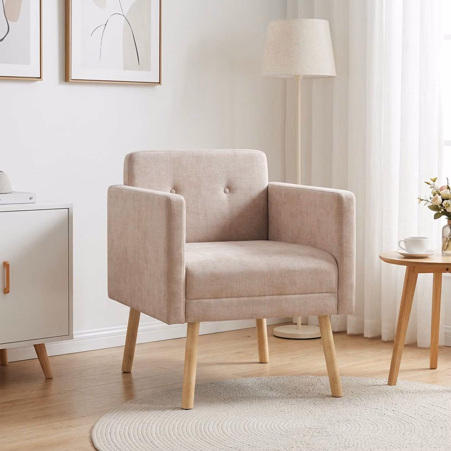 Sedia d'accento moderna vidaXL in tessuto beige con braccioli e struttura in legno