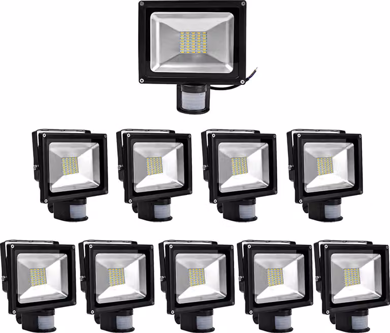 Greenmigo 10 pezzi, faretti LED SMD da 30 W, proiettori da esterno con sensore di movimento PIR, impermeabili IP65, corpo in alluminio, colore nero, luce bianco caldo, alimentazione CA 85 ~ 265 V