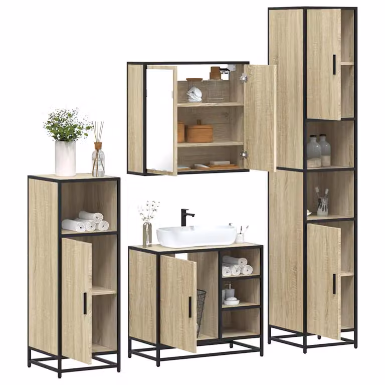 Set di mobili da bagno industrial vidaXL 4 pezzi in legno e metallo marrone con armadietto specchio, mobile lavabo, mobile laterale e colonna alta