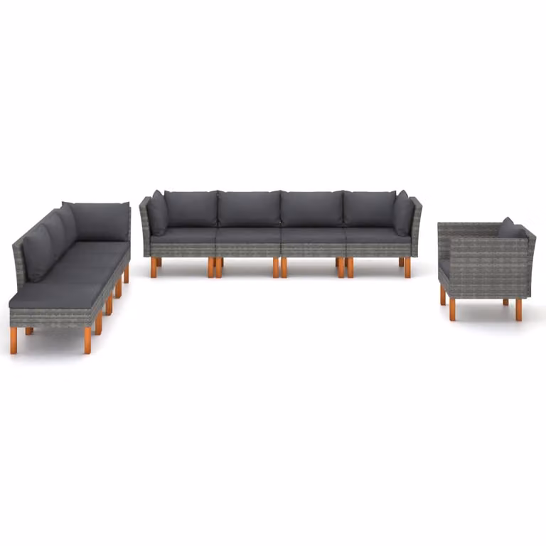 set 9 pezzi da giardino in poly rattan e legno di eucalipto grigio