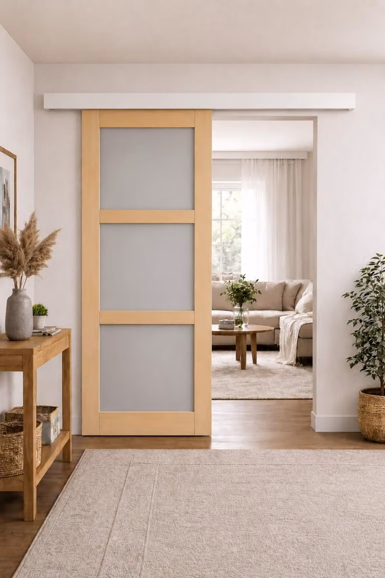 Porta scorrevole Ayous a 3 pannelli grigio chiaro H204 x L73 cm, binario in alluminio con fascia bianca GD MENUISERIES