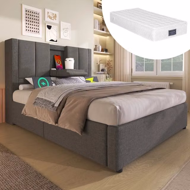 Letto imbottito ULEVR 90x200 cm con materasso, contenitore idraulico, USB/Type-C e portabicchieri, grigio