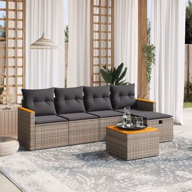 vidaXL Set Divano da Giardino 6 pz a Forma di L Grigio con Cuscini e Tavolino in Polyrattan e Acciaio