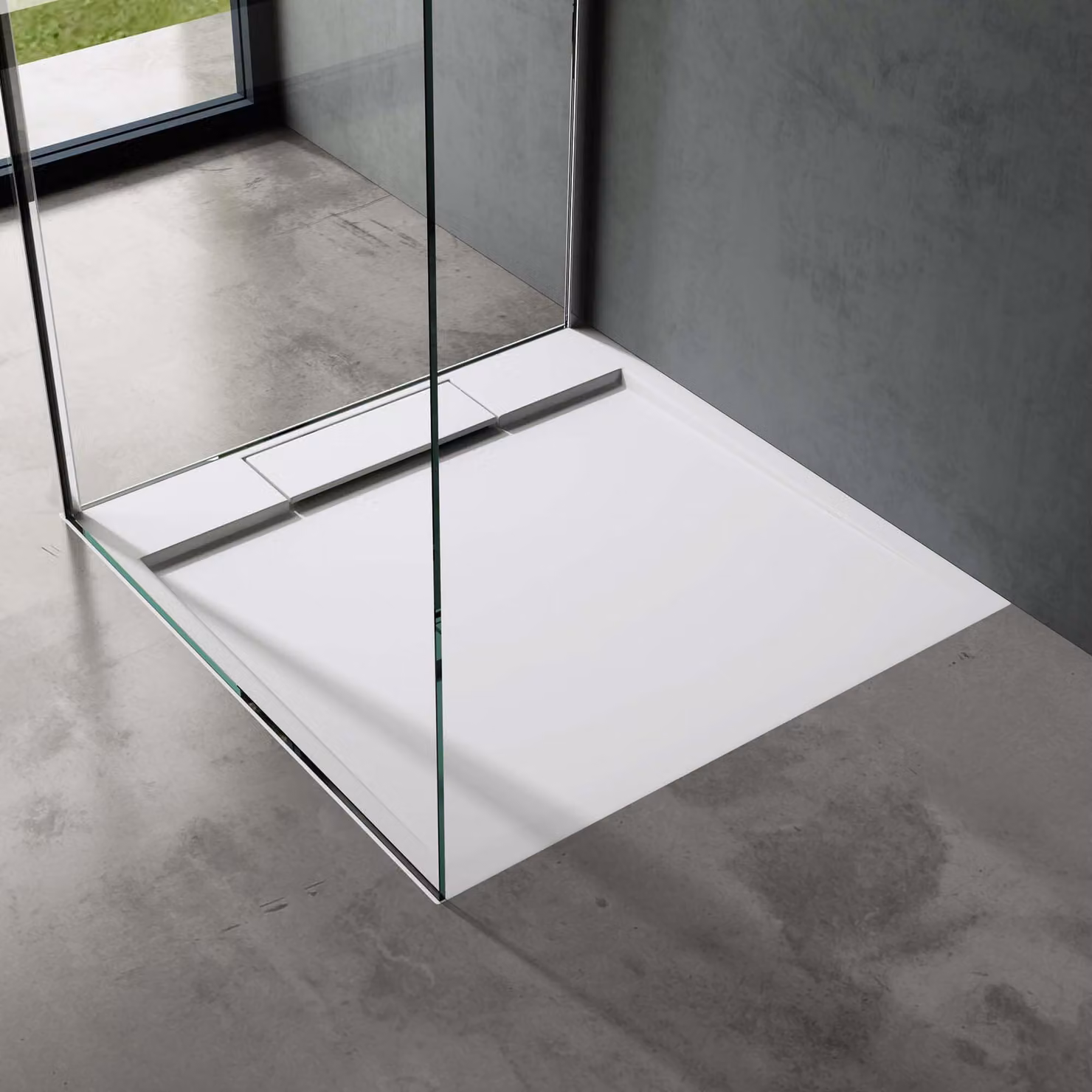doporro Piatto Doccia Rettangolare in Marmoresina Effetto Pietra, Spessore 4 cm, Installazione Versatile, Scarico Laterale con Cover e Piletta(AL06), 90x90 cm, Bianco - Geoma04
