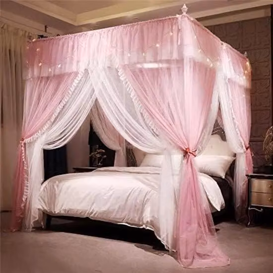 Letto a Capanna con Ruches e Rete a Mosche per Camera dei Bambini, Stile Shabby Chic, Rosso/Bianco/Rosa, L 135 x P 200 x H 210 cm
