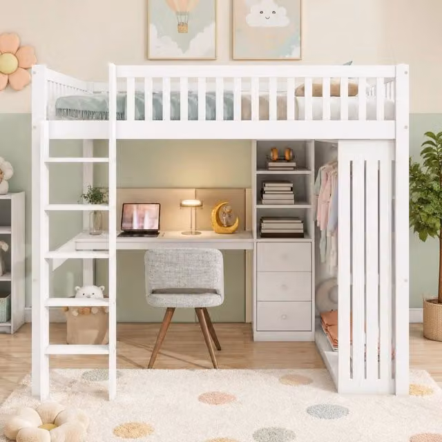 Letto a soppalco Mivray bianco con scrivania, armadio, 3 cassetti, vano aperto e scala in legno e MDF, dimensioni 140 x 200 cm