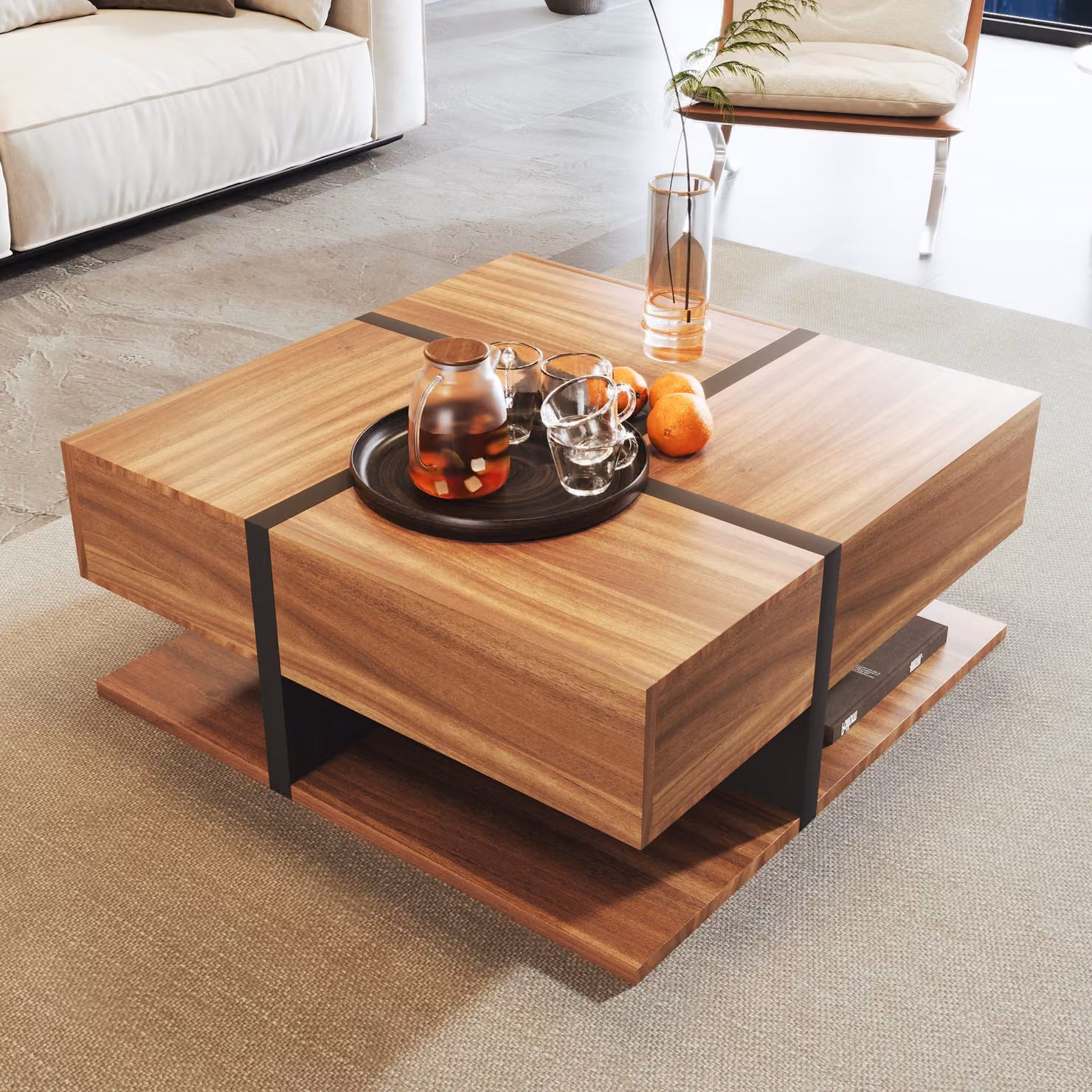 MODFU tavolini quadrati con 4 cassetti 78*78*36cm, tavolo con spazio di archiviazione sul fondo, naturale