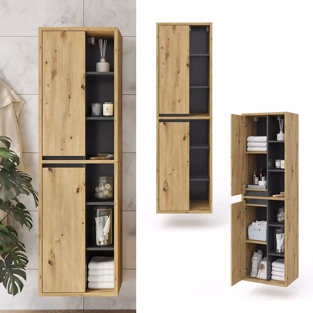 Mobile da bagno Vicco in legno rovere marrone con ante e ripiani aperti, sospeso, L: 50 cm, H: 170 cm – 2