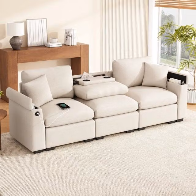 Divano 3 posti ¨C Minimal ¨C tessuto chenille con cuscini, porta bevande, vano contenitore, porta USB, tavolo pieghevole