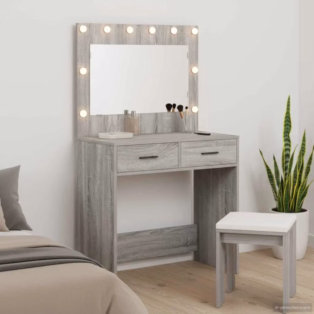 Toeletta con cassetto e specchio LED Grigio Sonoma L: 78,5 cm, P: 41 cm, H: 135 cm – 2