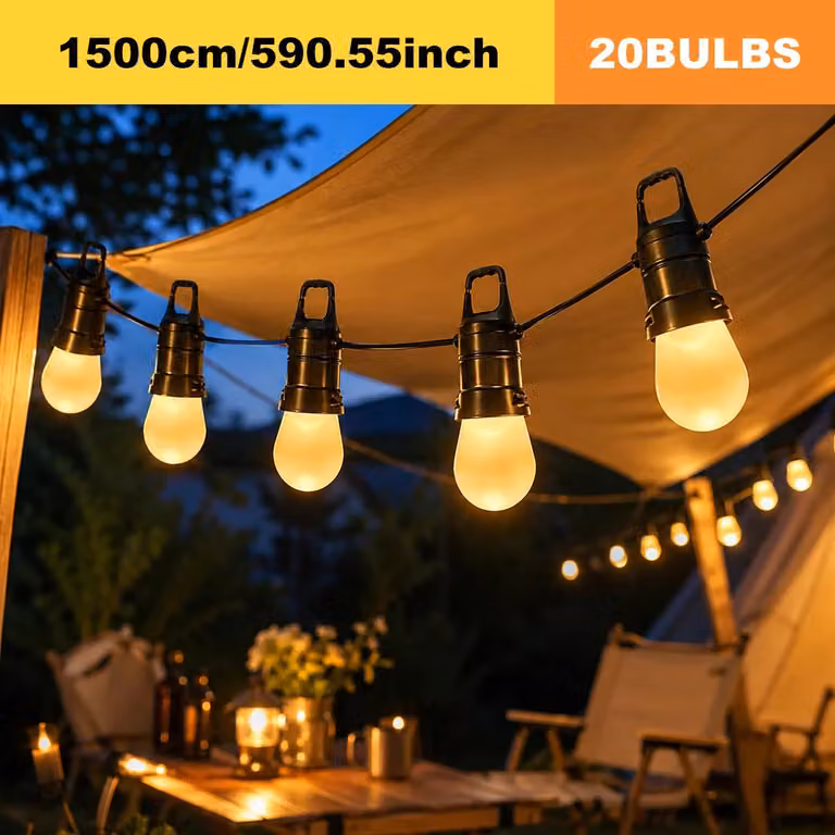 Catena luminosa LED per esterni - 15 metri, 20 lampadine a forma di sfera - Controllo tramite app e telecomando - Intensità regolabile - Sincronizzazione con la musica - Grado di protezione IP44 (resistente all'acqua) - Spina di tipo EU
