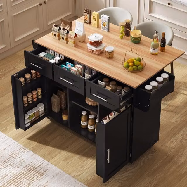 Carrello da cucina con piano ribaltabile e ante portabottiglie; nero e legno; 139x46(71)x91;5 cm; senza piano cottura