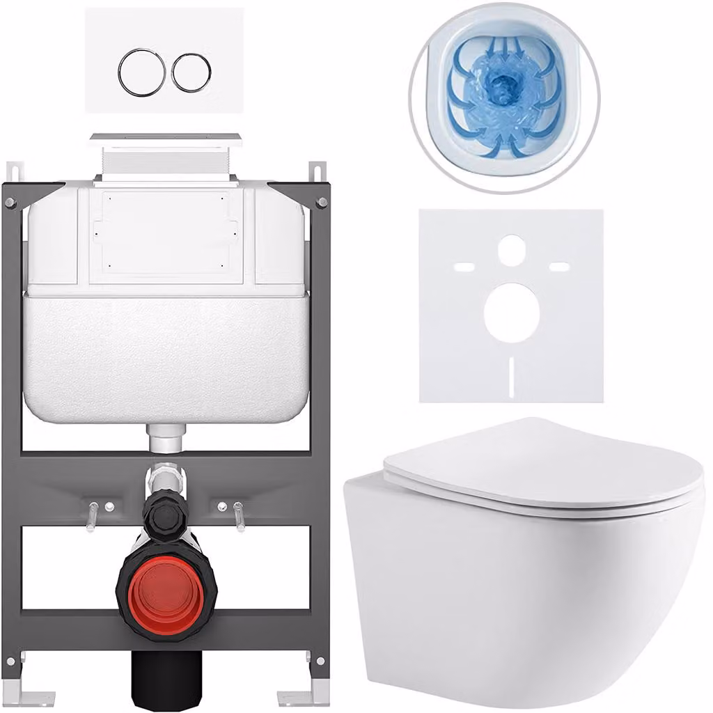 Set completo per WC sospeso "Cesso" - bianco opaco - pulsante Prime/Dualo, bianco - comando superiore - installazione a parete/con pannello di cartongesso - 49x36 cm