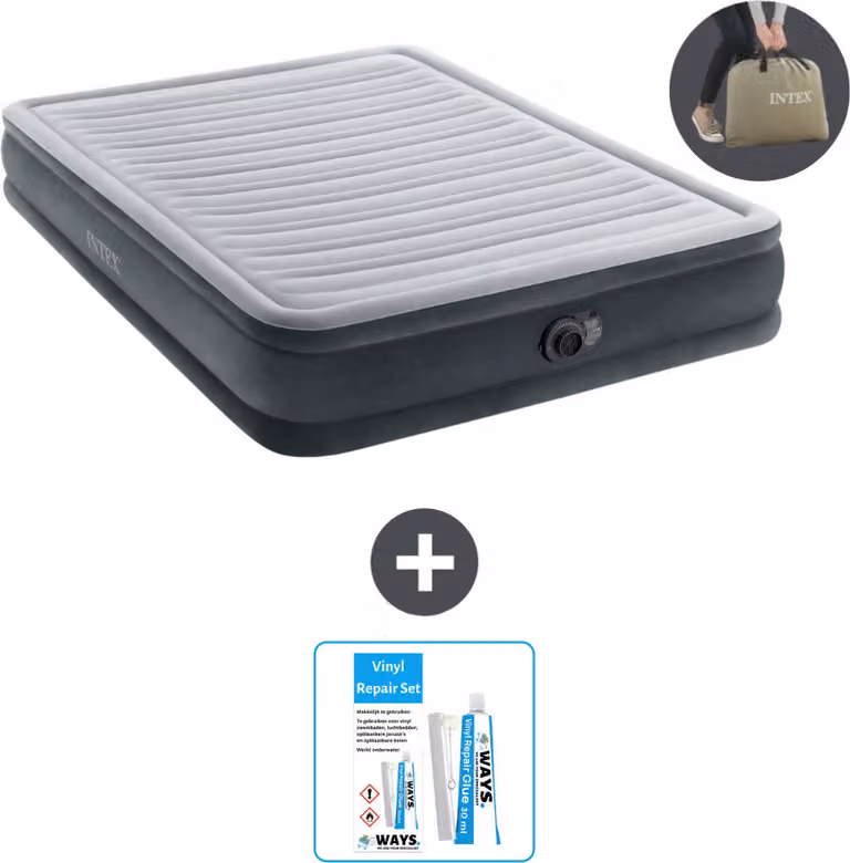Intex Airbed - 2 persone - 152 x 203 x 33 cm - Grigio - Pompa inclusa - Kit di riparazione