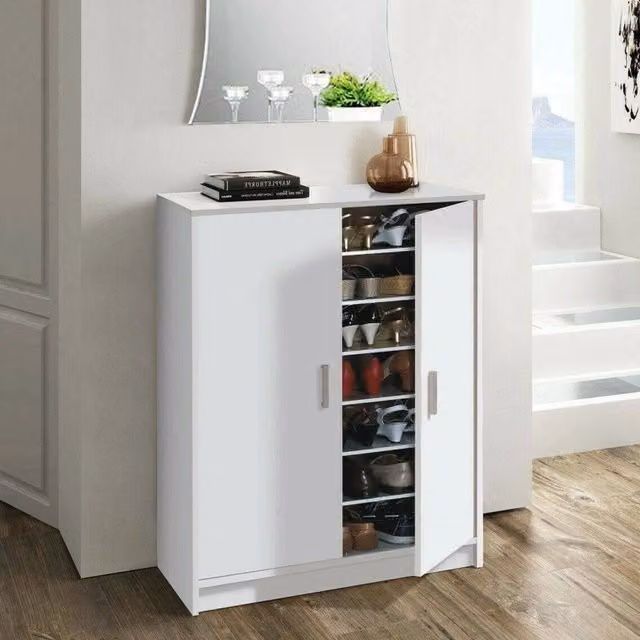 Armadio multiuso Arful DMORA con 2 ante e 6 ripiani, scarpiera moderna bianca L: 75 cm, P: 36 cm, H: 101 cm