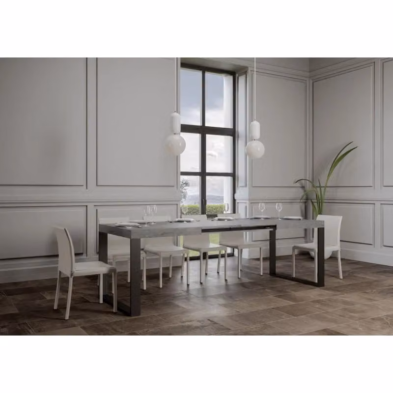 Tavolo allungabile moderno ITAMOBY con piano in laminato effetto cemento e telaio in metallo antracite, L: 200-460 cm x P: 90 cm – 2