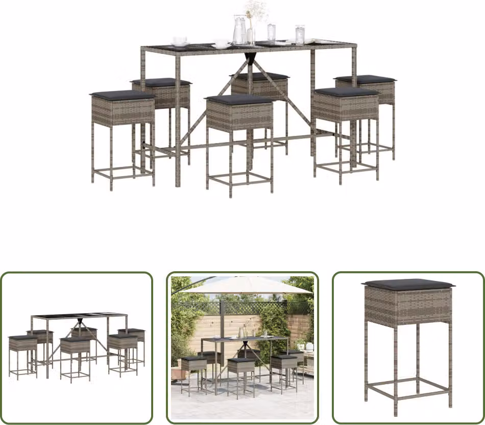 The Living Store Set bar da giardino 7 pezzi con cuscini in poly rattan grigio
