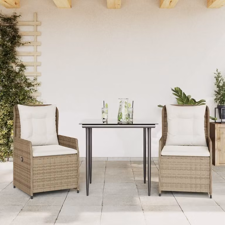 Set da Pranzo da Giardino 3 pz vidaXL in Polyrattan con Cuscini Beige e Tavolo in Vetro