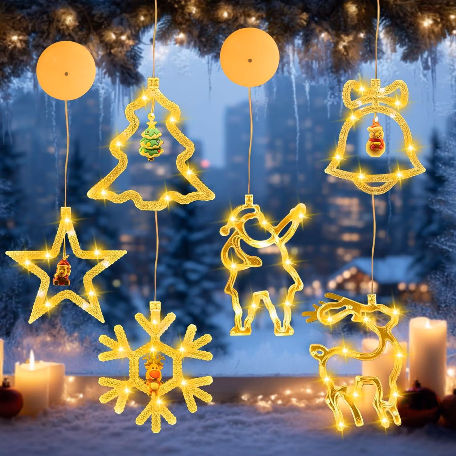 Set di 6 luci a LED a forma di ventosa per decorazioni natalizie, ideali per finestre