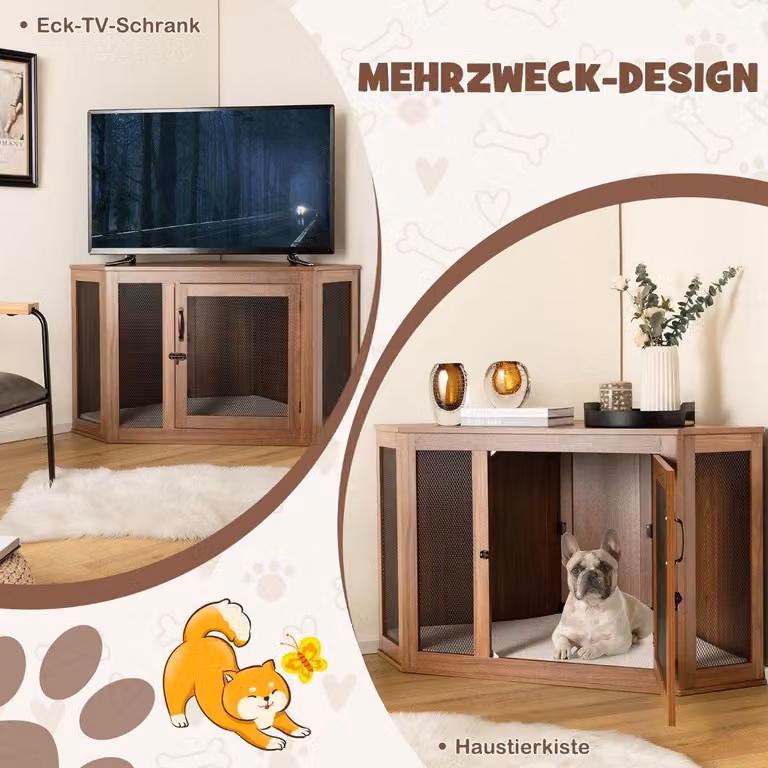 Tavolino angolare per cuccia per cani con gabbia per animali domestici con porta in rete e cuscino 114 x 59 x 67 cm Marrone