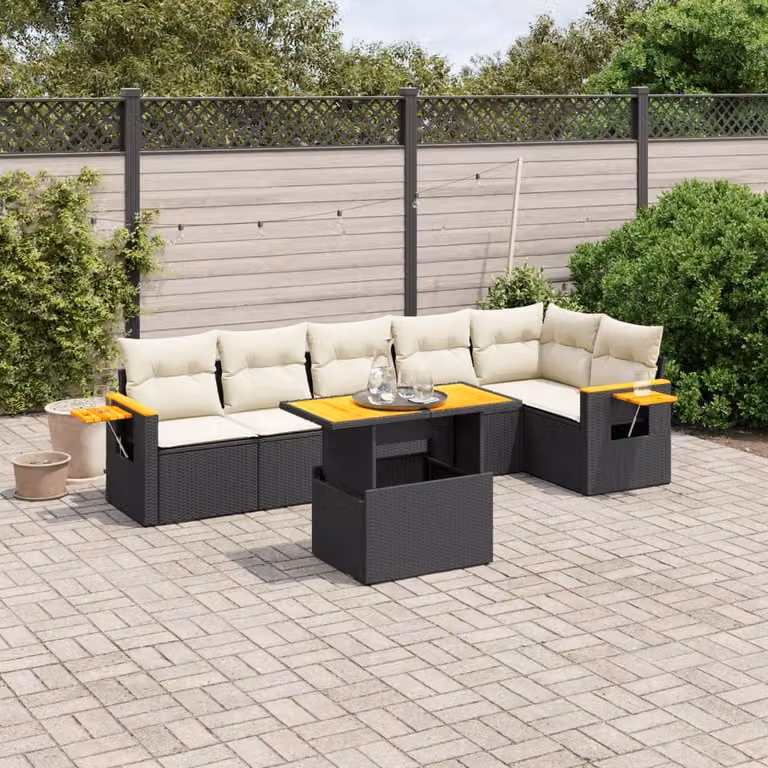 vidaXL Set Divani da Giardino a L con Cuscini 7pz in Polyrattan Nero e Bianco