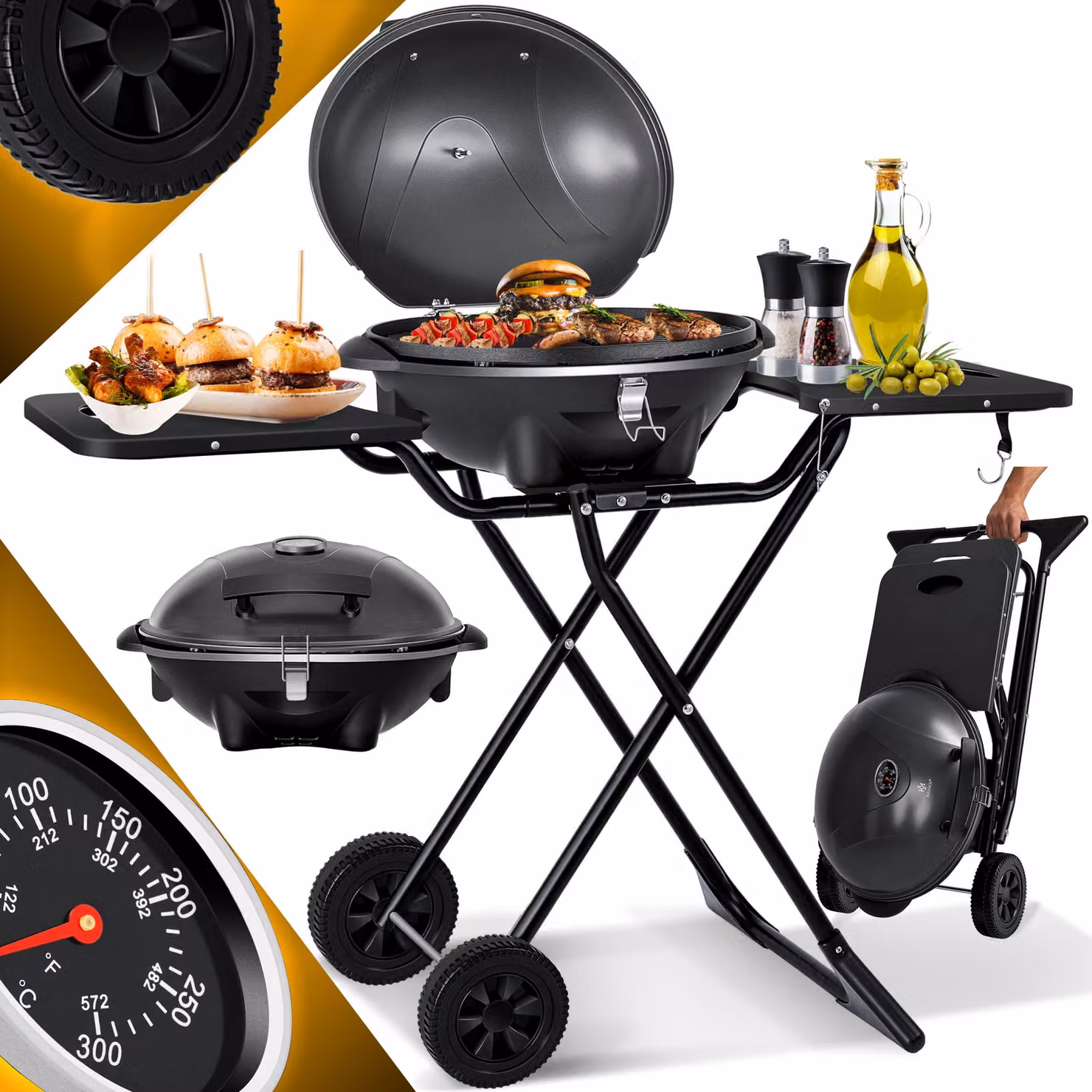 KESSER® Griglia elettrica 2in1, da tavolo/da pavimento, pieghevole, potenza massima 2400W, rivestimento antiaderente, 2 ruote