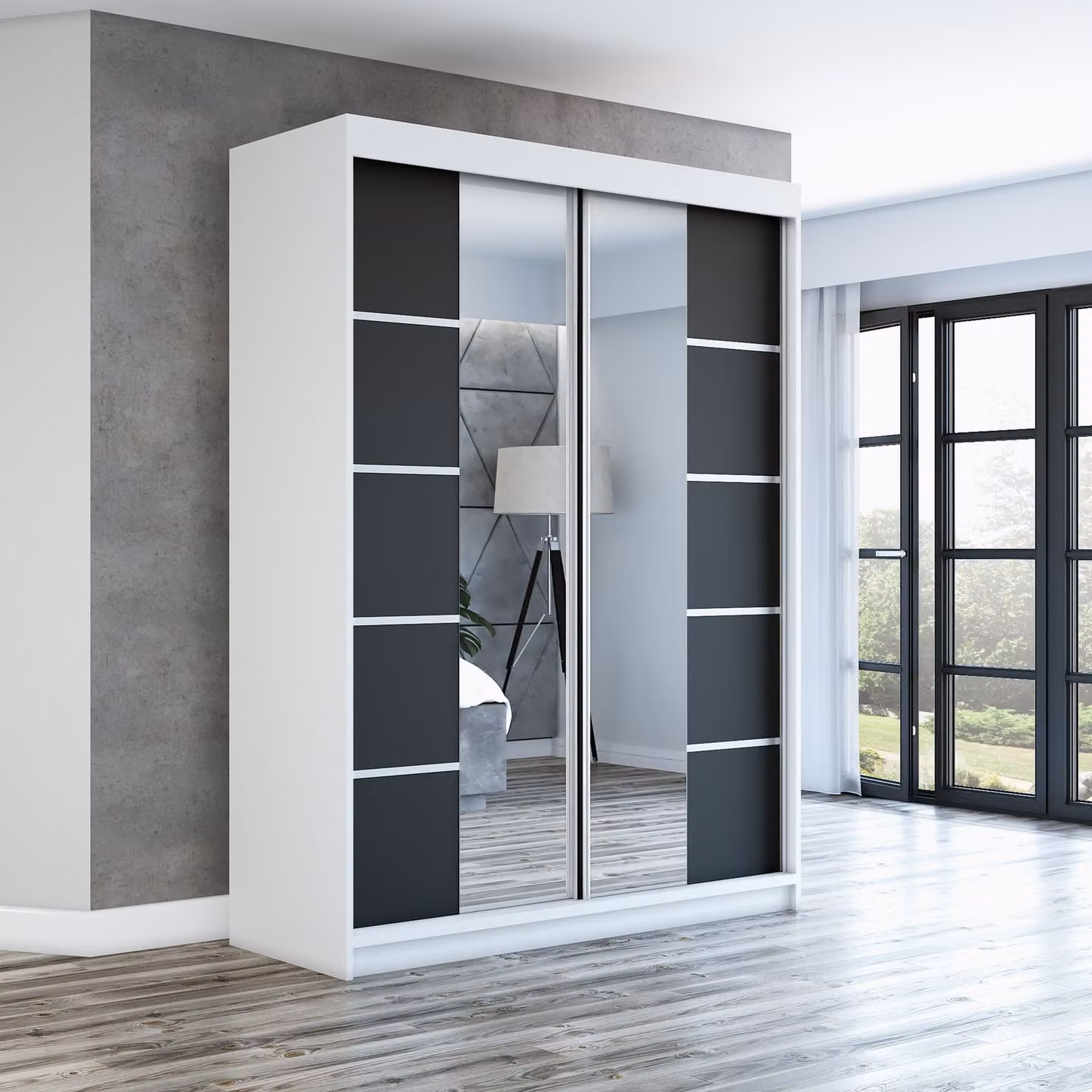 Armadio a porte scorrevoli, a 2 ante, modello ERA 160 cm (con specchio) (bianco / nero / nero)