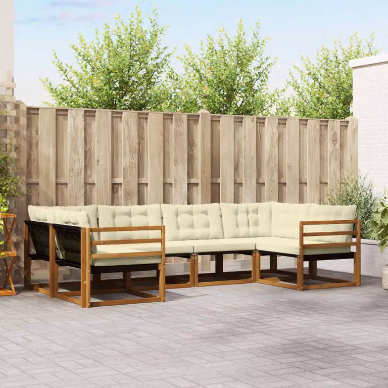 Set di divani da esterno vidaXL a forma di L composto da 6 pezzi in legno di acacia con cuscini in tessuto textilene, colori beige, bianco e marrone