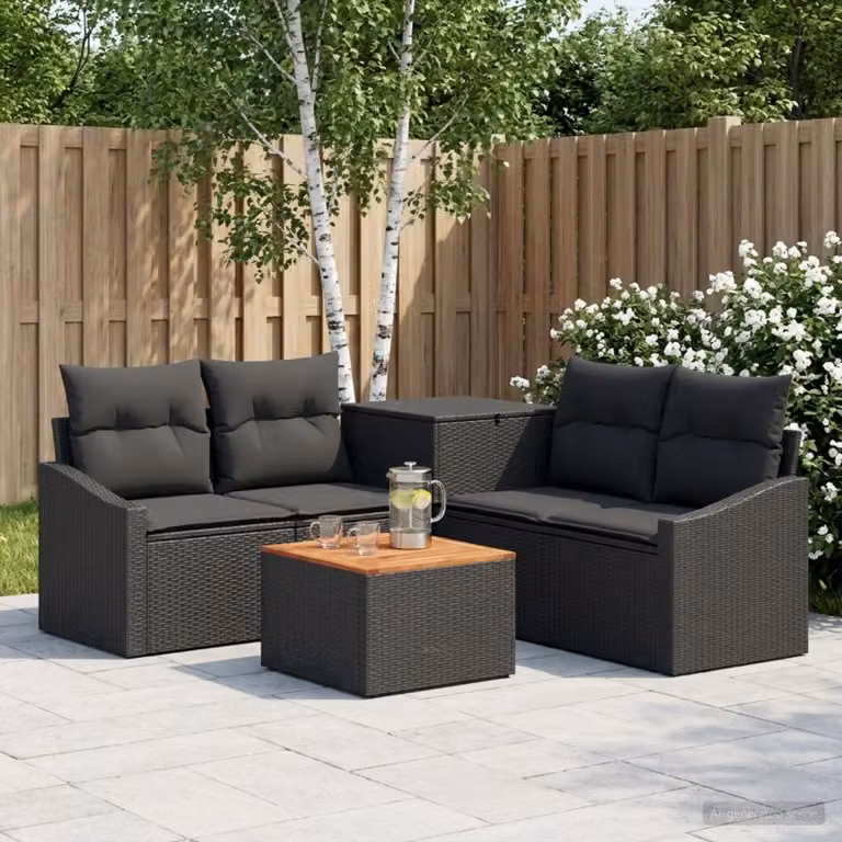 Set di divani da giardino vidaXL a forma di U composto da 6 pezzi in polyrattan e metallo nero con cuscini inclusi e tavolino da esterno
