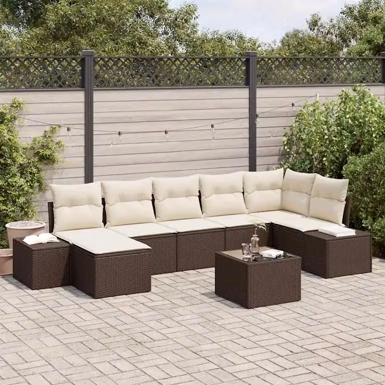Set Divano da Giardino vidaXL 7 Pezzi Marrone con Cuscini e Tavolino in Polyrattan e Metallo