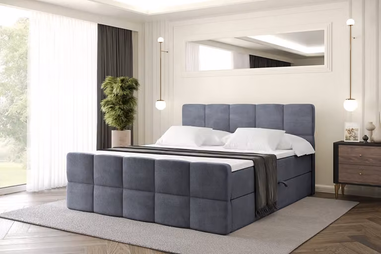 Letto boxspring ALTDECOR con materasso e rete a doghe, topper, letto imbottito con contenitore, letto con spazio contenitivo e materasso H3, letto matrimoniale, letto a cassettoni - LIRO-Z - 200x200 - Grigio scuro Casablanca