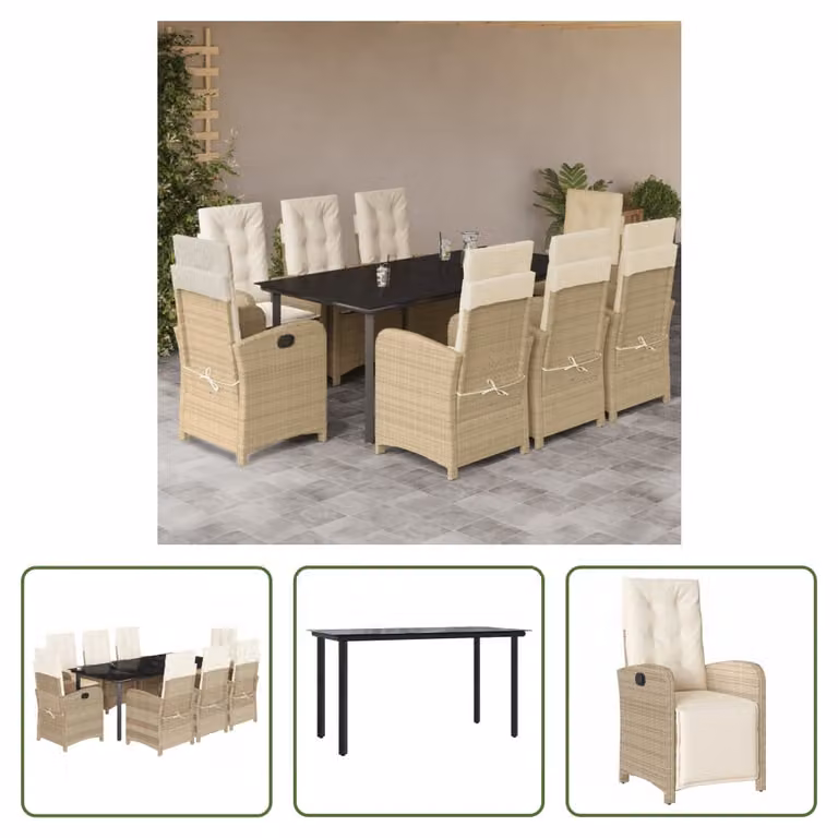 The Living Store Set da pranzo da giardino 9 pezzi con cuscini Beige poly rattan