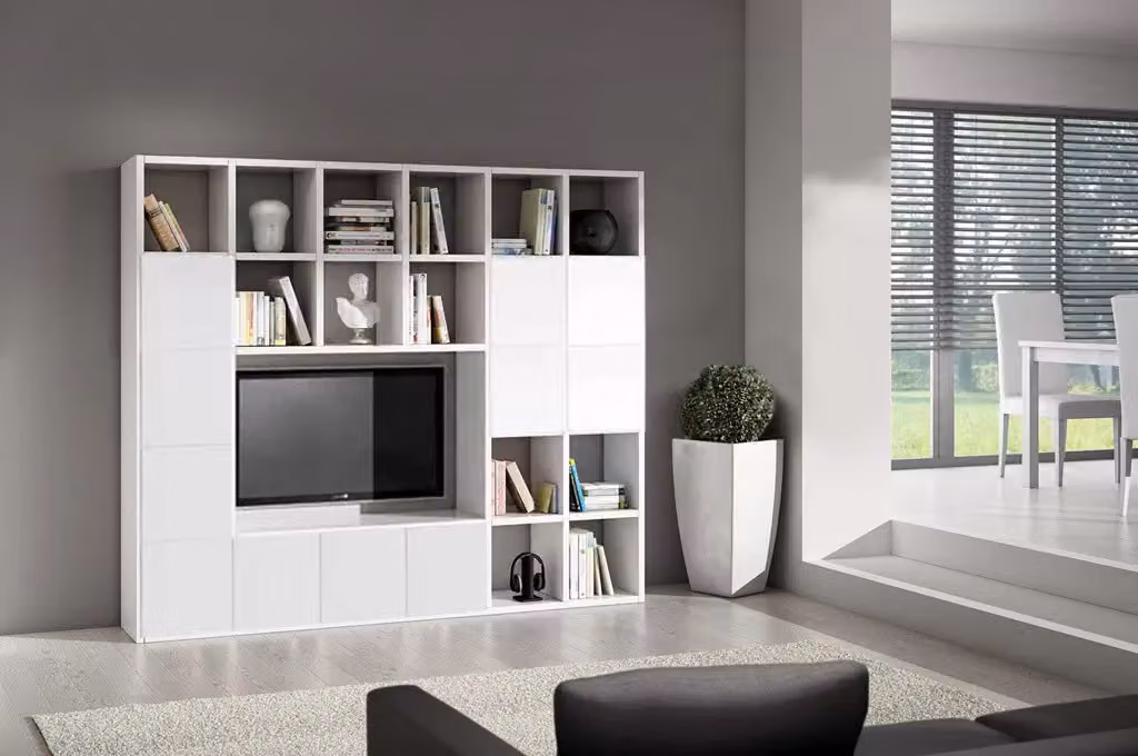 Parete attrezzata moderna Mobili 2G in frassino bianco con ripiani aperti e ante, L: 261 cm, P: 30 cm, H: 218 cm – 3
