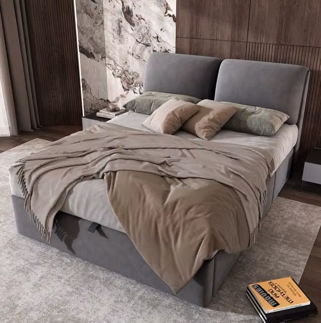 Letto 140x190 cm con contenitore idraulico e 3 cassetti in velluto grigio