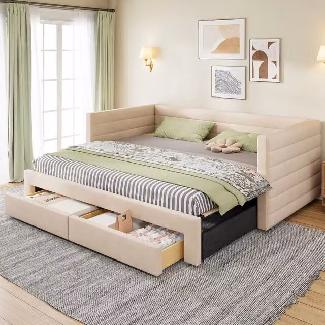 Letto estraibile 3 in 1 con due cassetti rivestito in cotone e lino beige con rete a doghe