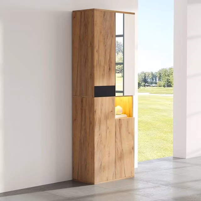 Armadio alto REDOM con specchio, ante battenti e illuminazione LED, Nero e Marrone, L: 65 cm, P: 35 cm, H: 190 cm